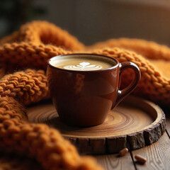 Coffee cup with knit throw on wooden tray, cozy autumn beverage art on warm rustic background