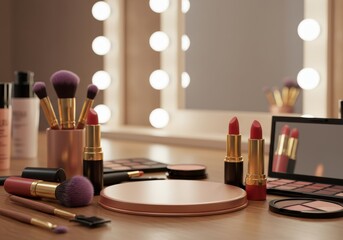 Elegant makeup display featuring lipstick, brushes, and a vanity mirror, perfect for beauty projects.