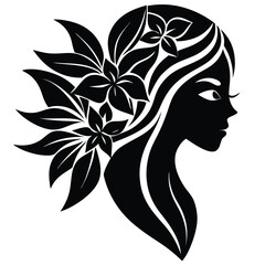 Elegant Silhouette of a Woman Adorned with Flowers  A Black and White Floral Illustration