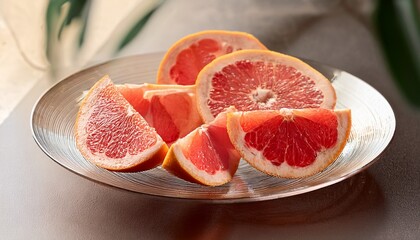 sliced grapefruit on a glass plate in soft light