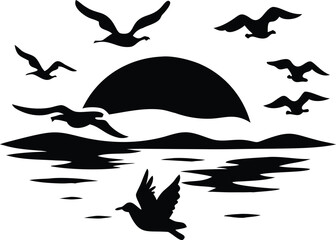 Obraz premium Silhouette of Birds Flying Over Water at Sunset: Peaceful Scene with Ocean and Sky, Vector Graphic for Creative Design Projects [193 Characters] 