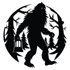 Mysterious Bigfoot Silhouette in the Forest A Cryptid Illustration