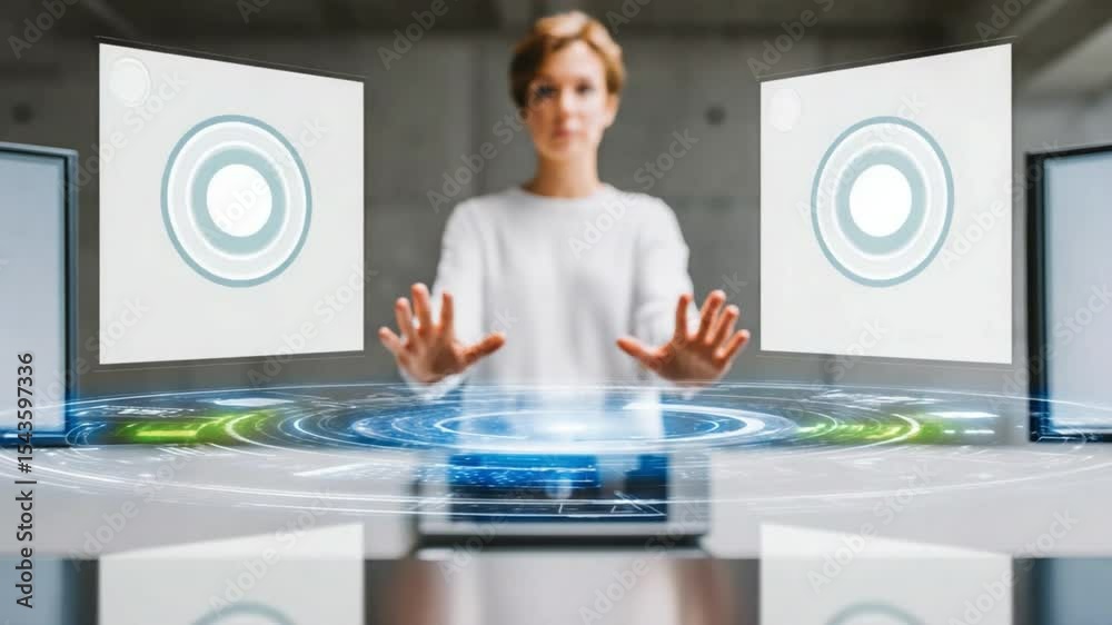 Aufkleber futuristic interaction: a woman engages with a futuristic holographic interface, embodying technolog