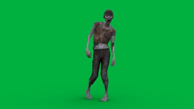 Horror fantasy zombie creature walking slowly towards the camera. 3D rendered animation on green screen.