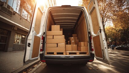 Openbacked delivery van is packed with stacked boxes on a pallet