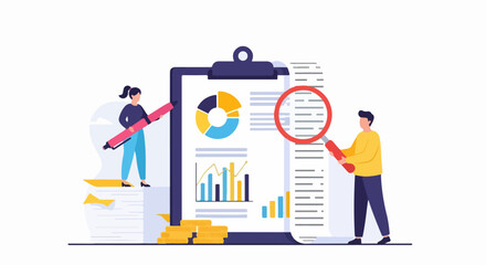 Flat Design Illustration of Man and Woman Analyzing Financial Report on Clipboard with Charts, Scroll, and Coins in Minimal Style on White Background