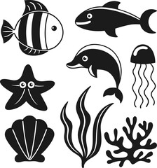 Fototapeta premium Black and white sea life vector collection with fish dolphin jellyfish starfish coral