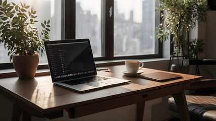 4k Workspace with Notebook and Matcha Latte by the Window Cozy and Minimalist , Wallpaper, Background, Textures