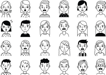 Diverse Collection of Monochrome Line Art Avatars Displaying Various Emotions and Facial Expressions, Including Surprise, Sadness, and Concern, for UI/UX Design Elements, Vector Set