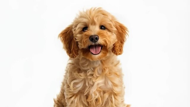 Golden Doodle Puppy Portrait. The image is a portrait of a fluffy, golden-brown puppy against a white background. The puppy has dark eyes, a wet nose