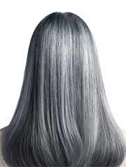 Fototapeta premium Silver-gray salon style, Mid-length straight silver gray hair in smooth finish, mid-length straight silver gray hair with shine, mid-length straight silver gray hair isolated with silky strands. 