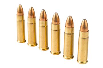  row of five bullets with a gold-colored  tip  isolated on white background, png ai generated