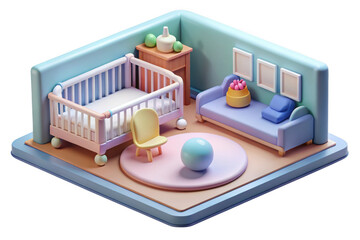 Isometric baby room isolated on transparent background, nursery interior with crib, sofa, chair and carpet. for design, decoration.