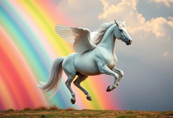 Naklejka premium Graceful winged horse gallops against vibrant rainbow backdrop, clouds, fantasy art
