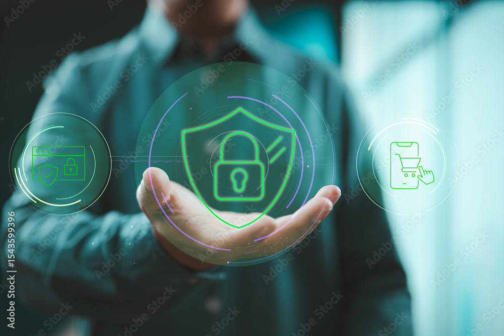 Poster Cybersecurity interface with lock icon over hand