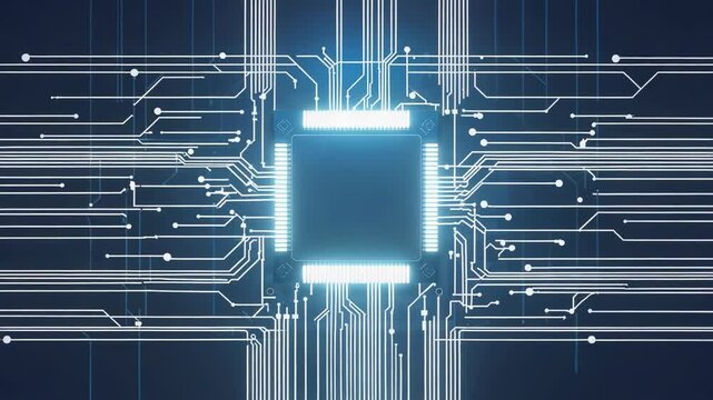 Powering central microchip, causing glowing signal pulses along circuit traces on circuit board