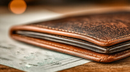 Close-up of brown leather wallet with credit cards partially visible, resting beneath a knitted gray sweater on a wooden surface