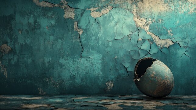 Broken Egg in a Room with Teal Cracked Walls