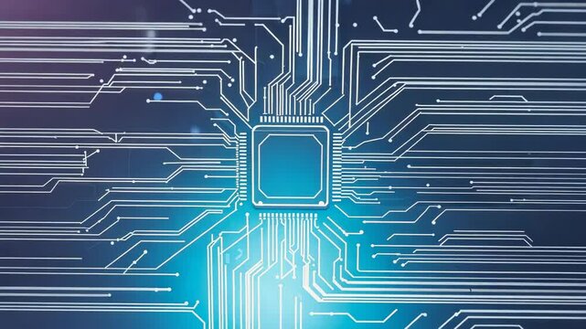 Showing circuit layout appearing then microchip rising on blue gradient, pulsing nodes along traces