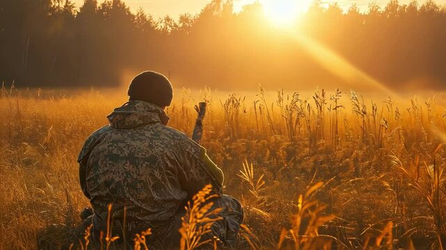 A soldier silhouetted against a golden sunrise in a tranquil field.