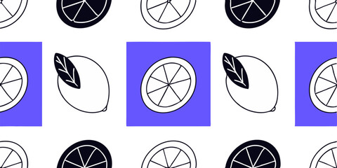 Seamless lemon pattern  modern citrus fruit vector design in minimalist line art style