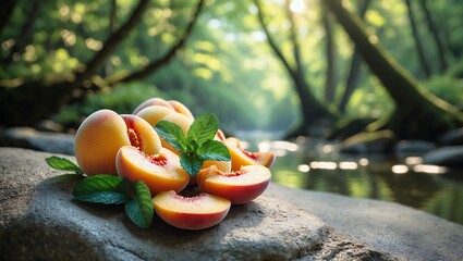 Fresh Peaches with Mint on Rock by River in Forest