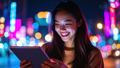 Smiling Woman Using Tablet at Night: Engaging with device in vibrant city lights.