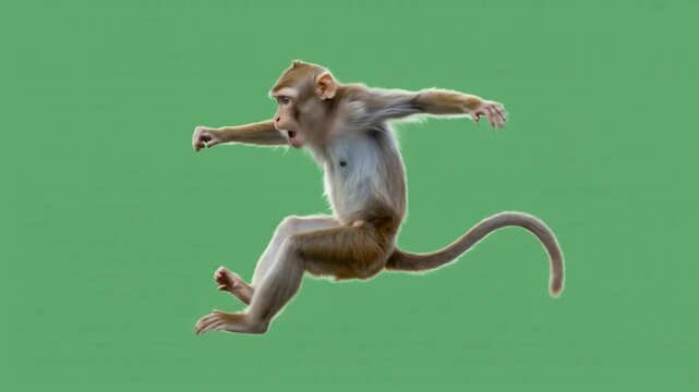 Monkey leaping across green background with tail arched in the air studio shot