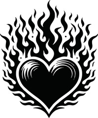 burning heart silhouette. Fire around the heart shape tattoo style. black love symbol isolated on white background. Vector illustration