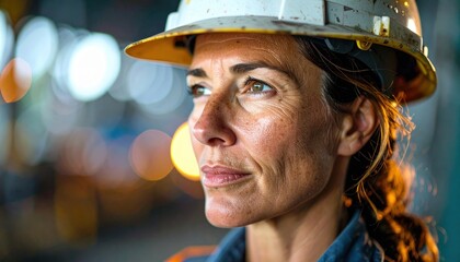 Female Worker in Safety Helmet: Confident female professional wearing a safety helmet in an industrial setting.