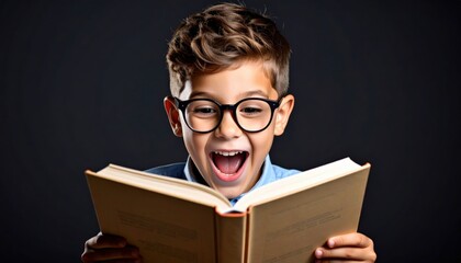 Excited Young Reader: Child with glasses is amazed by a story.
