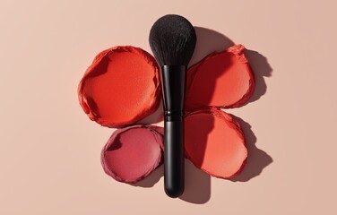 Black makeup brush positioned artistically among vibrant color paint swatches for creative inspiration in beauty design