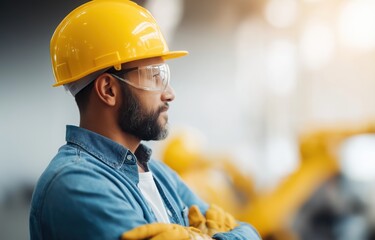Asian factory assembly line with articulated robotic arms supervised by workers in safety gear