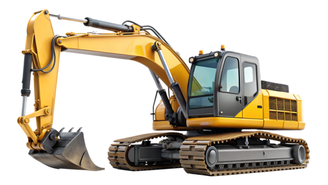 Yellow and Black Excavator on Tracks with Extended Arm and Bucket Isolated on a Transparent Background A I G E N E R A T E D - P N G