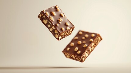 Chocolate bar with nuts isolated on beige background, copy space