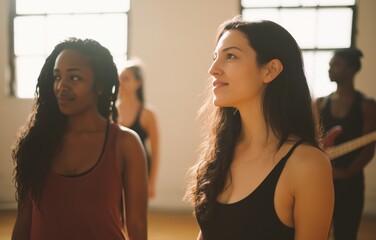 Musician rehearsing with electric bass guitar as female athletes stretch during a band practice in a bright studio setting
