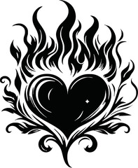 burning heart silhouette. Fire around the heart shape tattoo style. black love symbol isolated on white background. Vector illustration