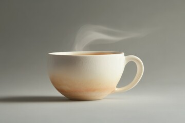 Fototapeta premium A steaming cup of coffee or tea in a beige ceramic mug with ombre effect.