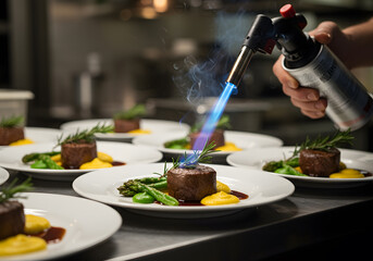 Chef Using Blowtorch on Filet Mignon Plates with Asparagus and Rosemary