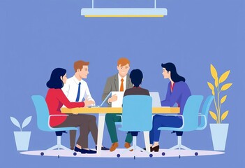 Flat vector illustration of a business team collaborating during a meeting; ideal for web and mobile app design, meeting, team