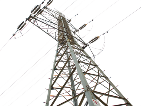  tall power line tower with many wires isolated on white background png, ai generated
