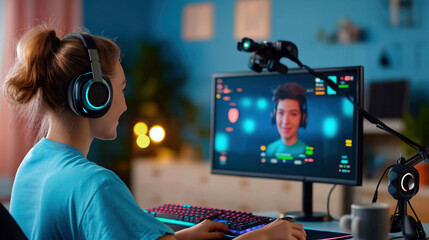 Engaged female gamer using face recognition technology while streaming in a colorful room