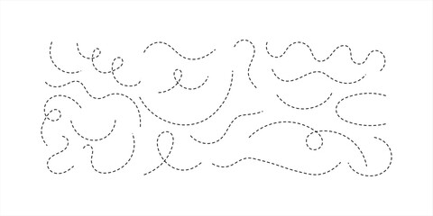 “Vector Set of Hand-Drawn Dotted Lines on Transparent Background – Sketch Style Dashed Curves and Decorative Stroke Elements for UI, Maps, and Graphic Design”