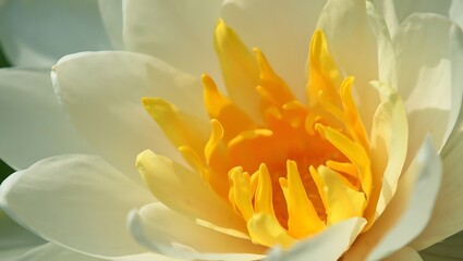 Close-up of a pristine white water lily blossom, showcasing its vibrant yellow center and delicate petals