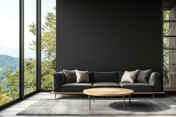 Minimalist living room with black sofa, light wood round table, and floor-to-ceiling windows showing lush greenery, great for design mockups and decor inspiration projects