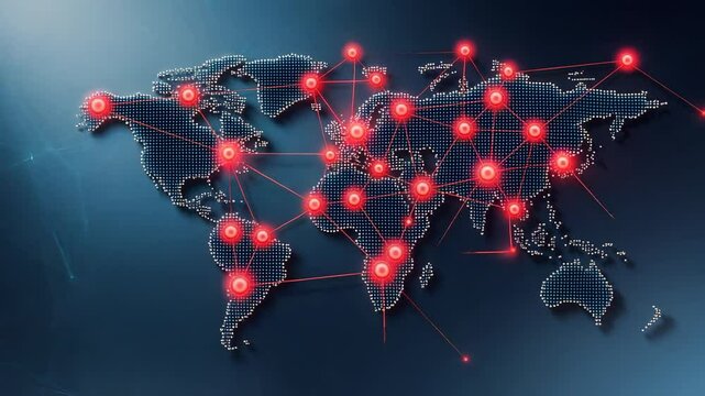 Starting with single red node lighting, dotted map on interface spreading red nodes, pulsing beams