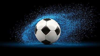 Naklejka premium Black And White Soccer Ball with Blue Particle Burst