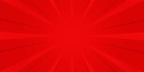 Red comic sunburst effect background with halftone. pop art comic-style vector background