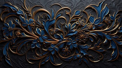 Elegant Gold and Blue Floral 3D Carving Design Intricate Baroque Ornament