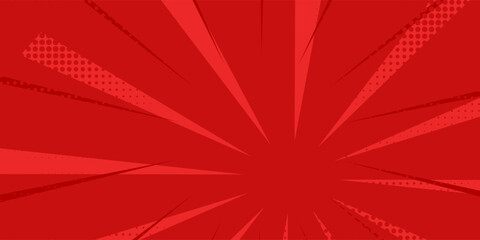 Red comic sunburst effect background with halftone. pop art comic-style vector background